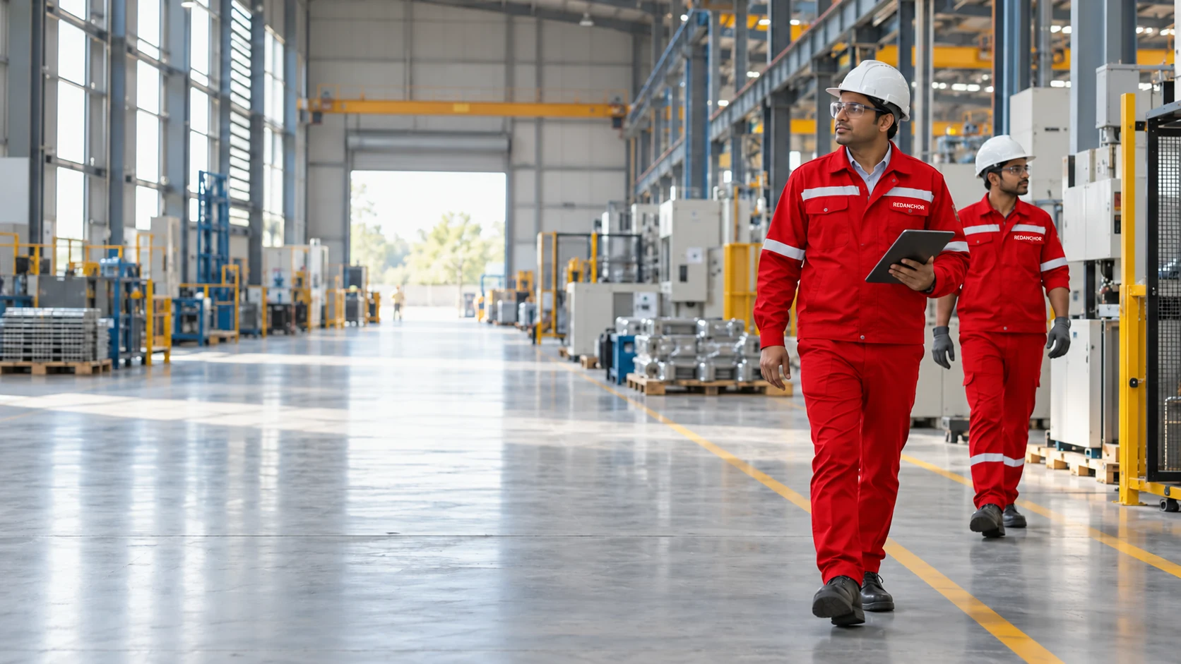 Facility supervisors walking through a modern industrial workplace