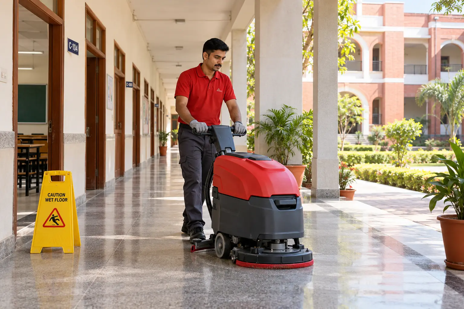 Illustrative school corridor cleaning with a mechanised floor scrubber